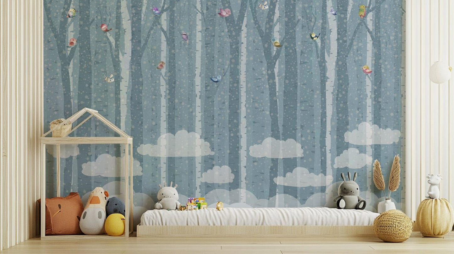 The colors are soft and muted, with various shades of blue and white.

