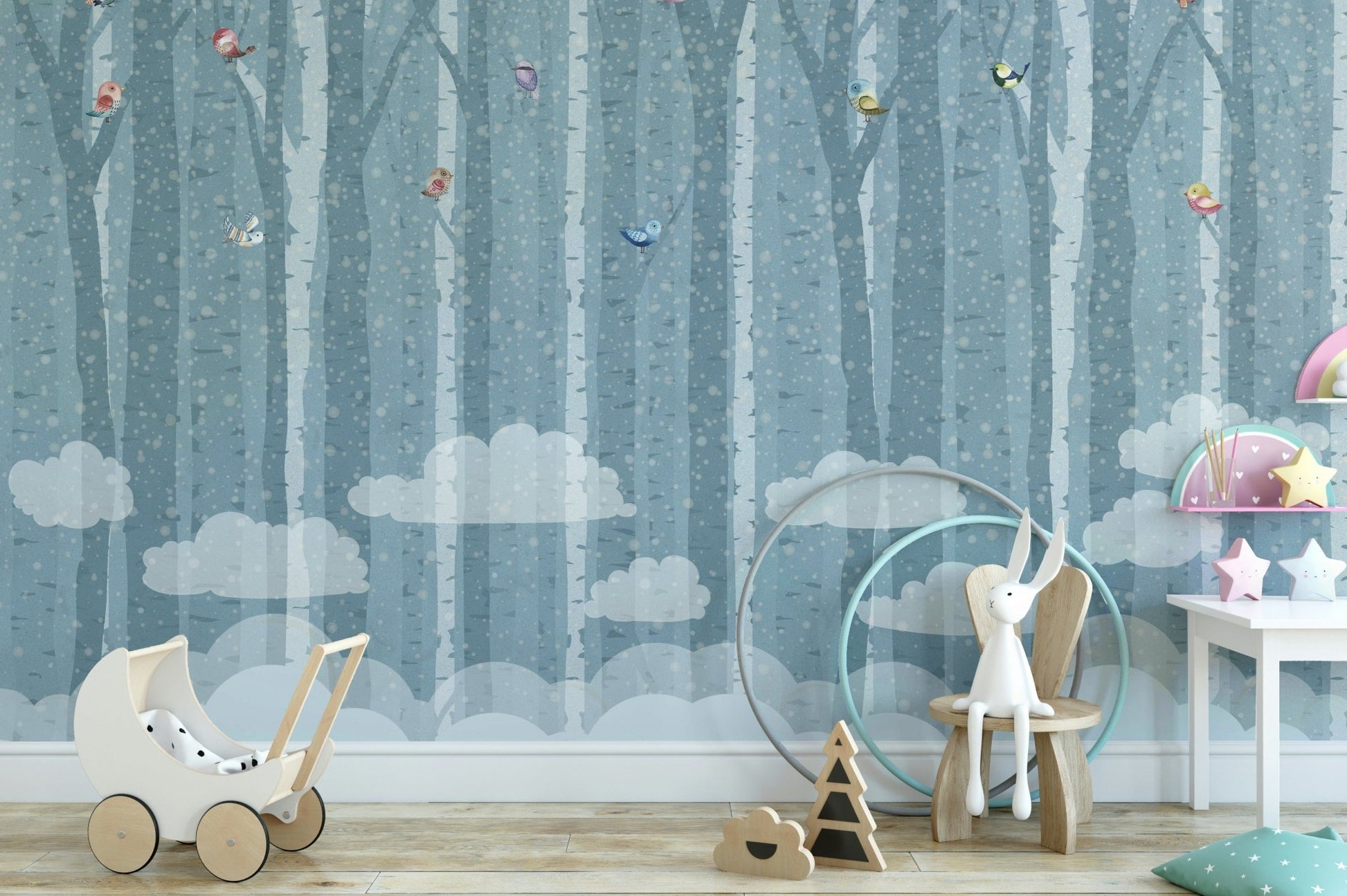 An elegant wall mural with a pattern of birds and birch trees.


