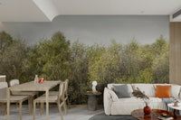 A minimalist interior with the birch forest wallpaper.


