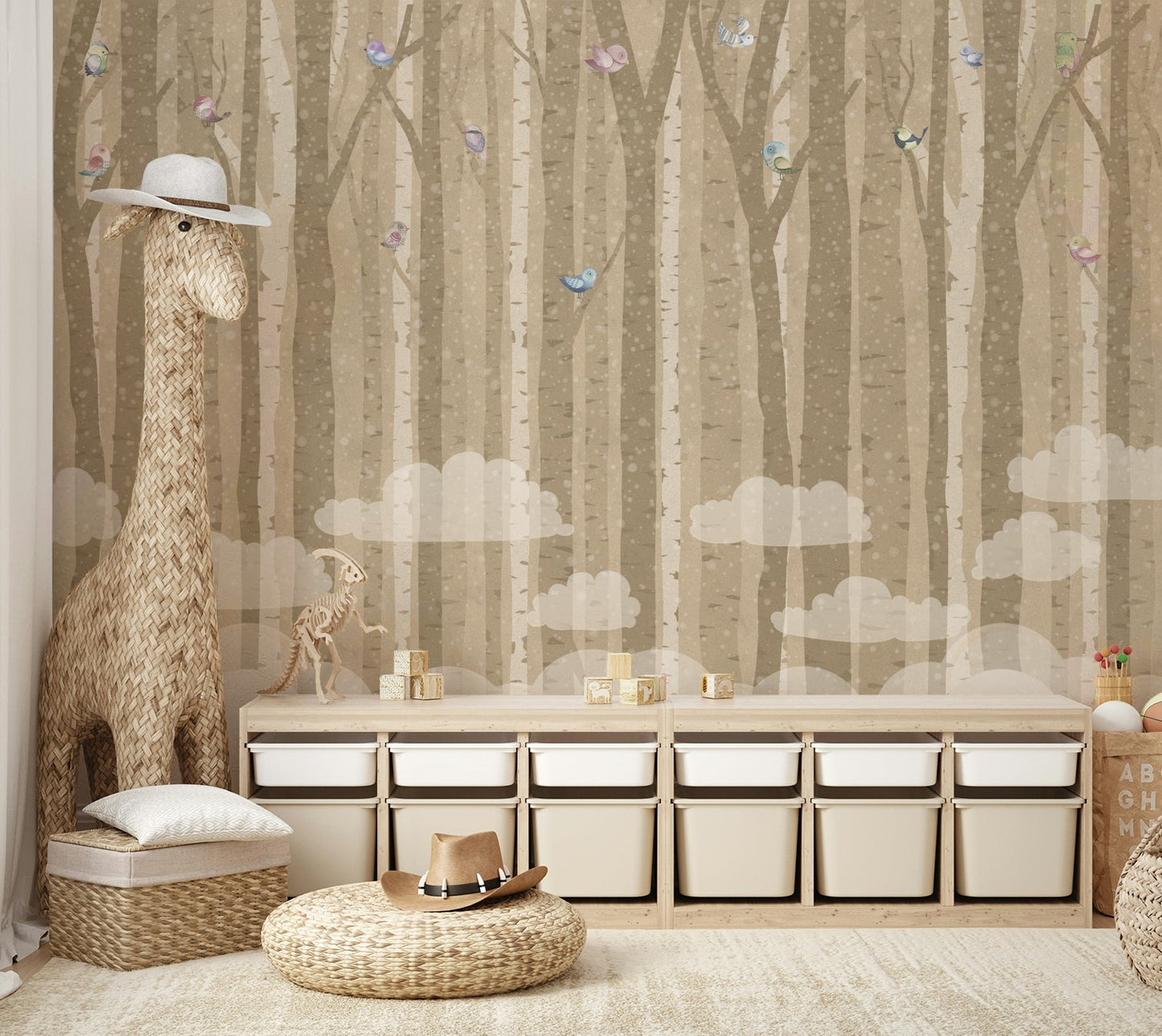 An elegant wall mural with a pattern of birds and birch trees.

