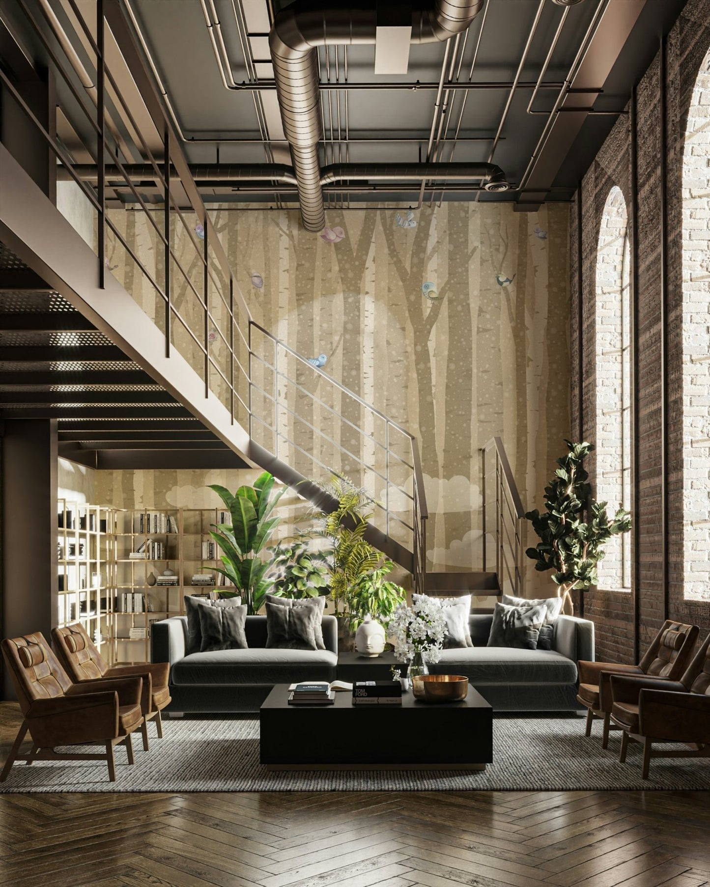 The trees are tall and slender with white bark and dark spots.

