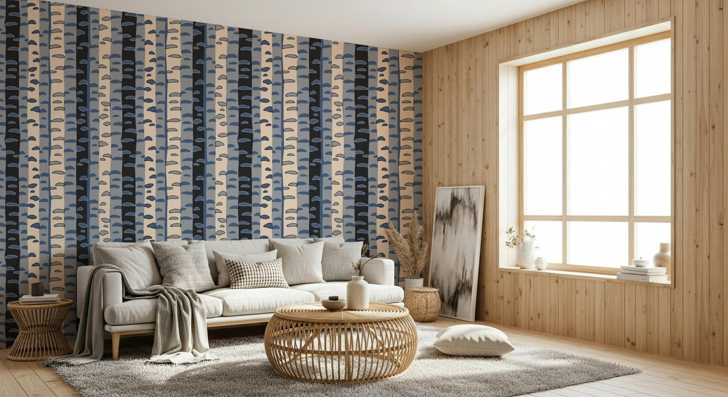Abstract woodland wallpaper mural for a dining area Birch Tree Stripes Retro