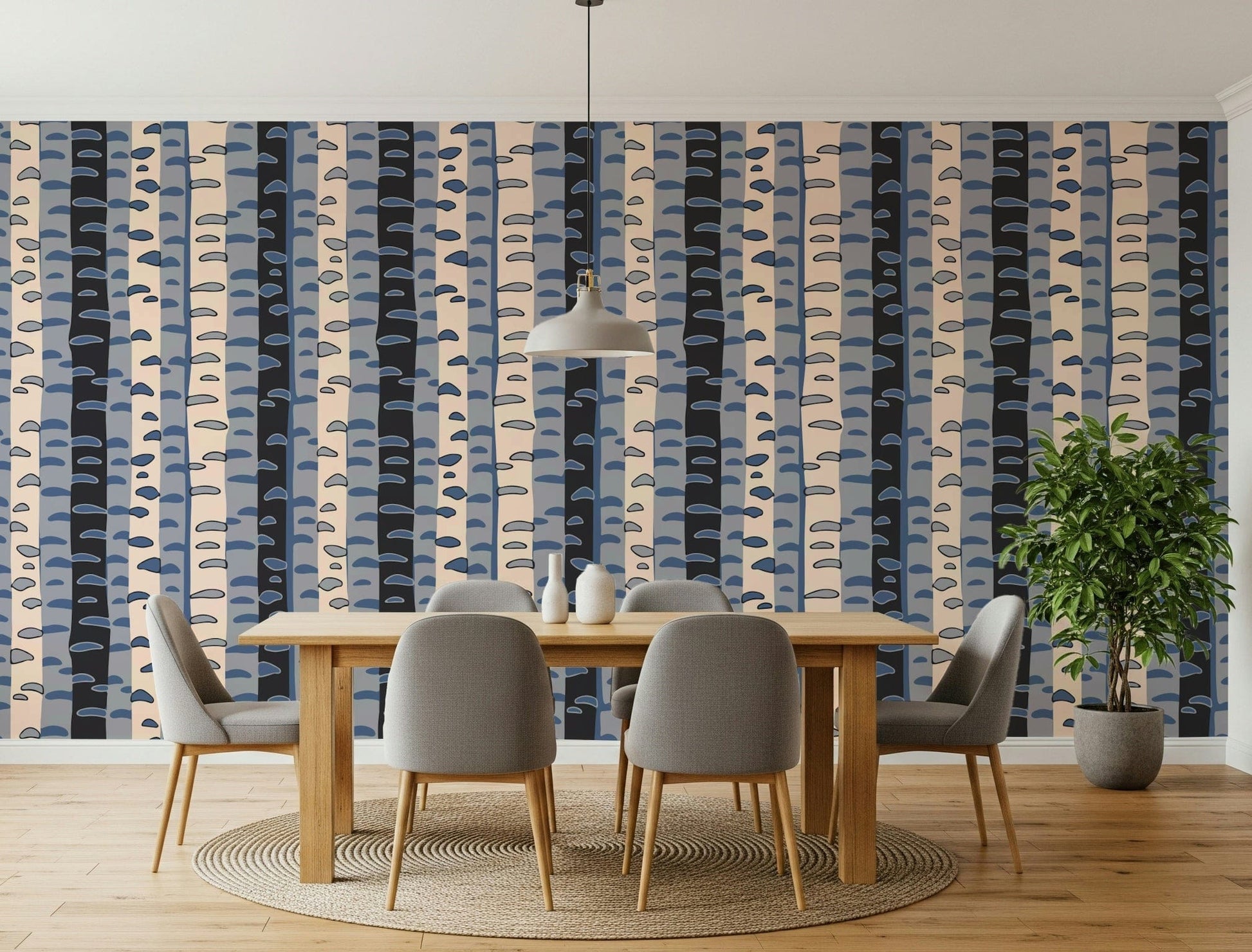 Mid-century modern forest wallpaper mural for an office Birch Tree Stripes Retro