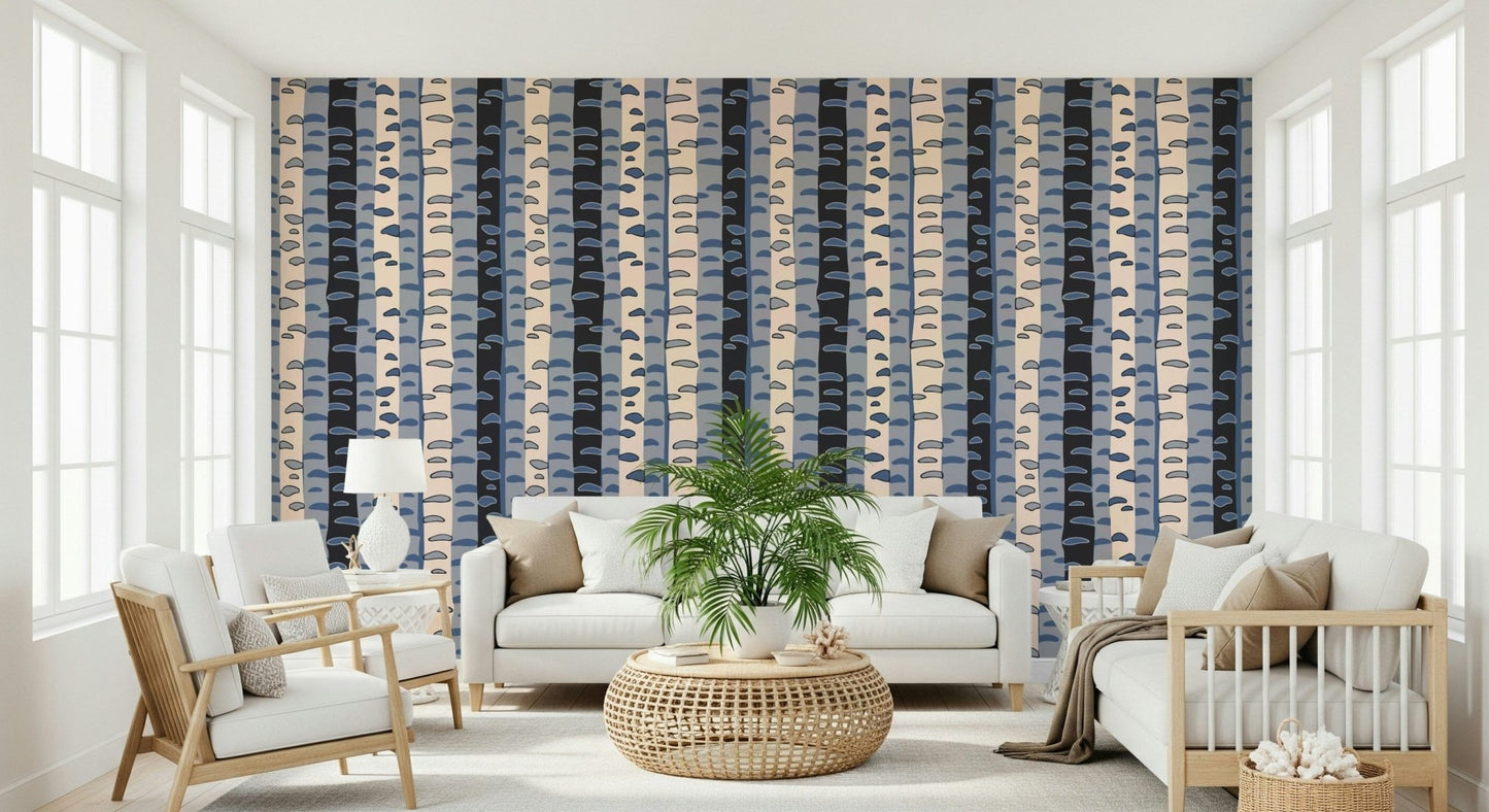 Birch Tree Stripes Retro Abstract Forest in Blue Black Cream Gray Wallpaper for a study