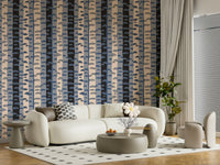 Birch Tree Stripes Retro Abstract Forest in Blue Black Cream Gray Wallpaper guest room