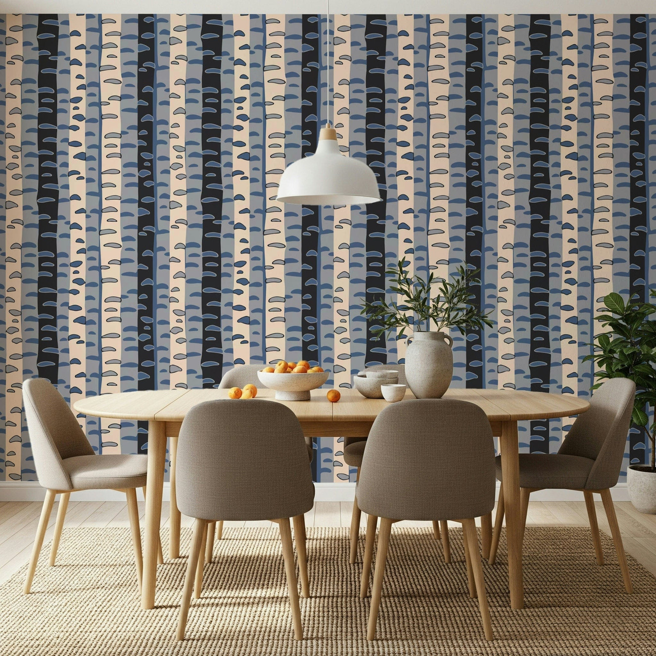 Minimalist bedroom with blue and gray tree wallpaper mural Birch Tree Stripes Retro