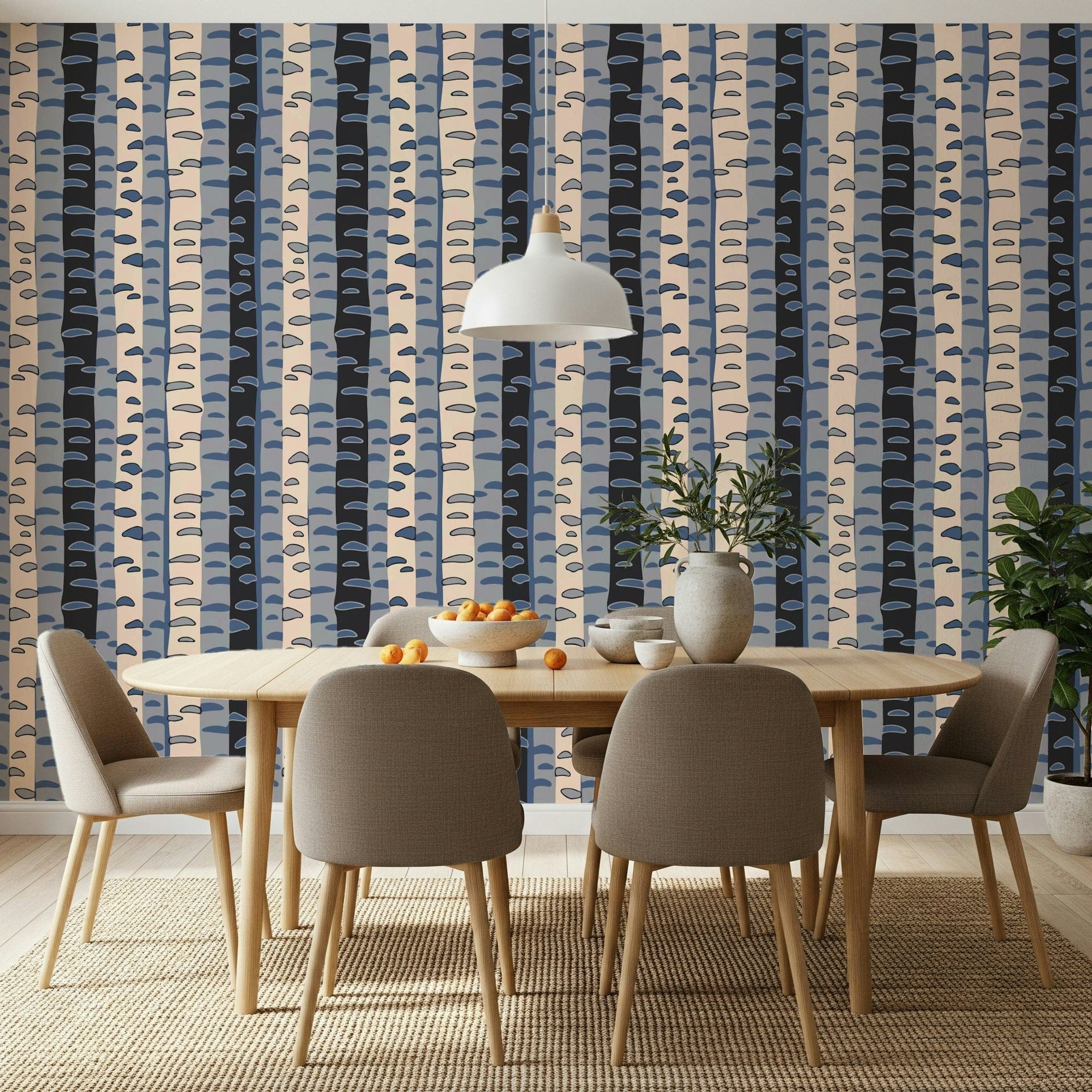 Minimalist bedroom with blue and gray tree wallpaper mural Birch Tree Stripes Retro, GD7645