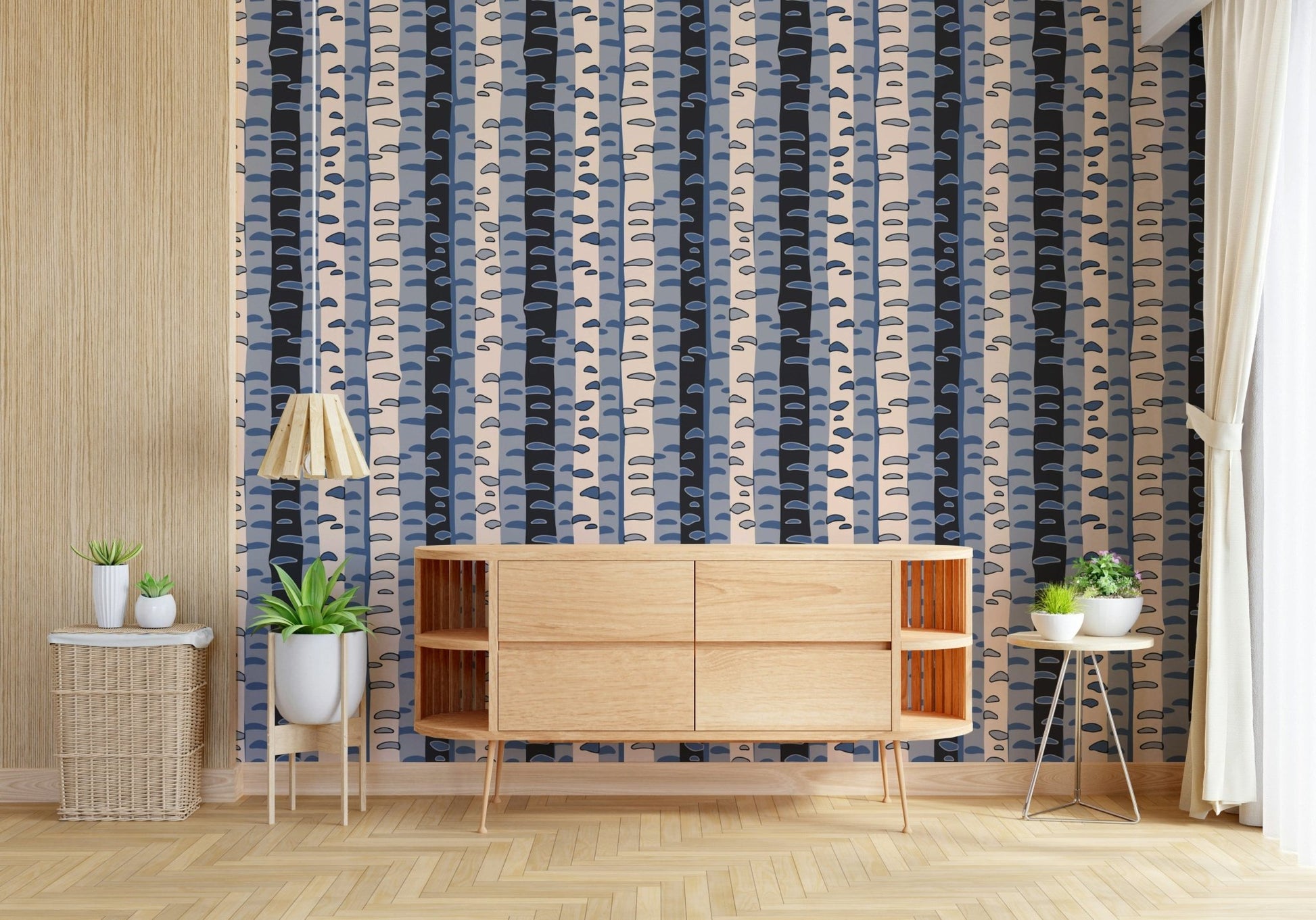 Vertical stripe forest wallpaper mural for a master suite Birch Tree Stripes Retro