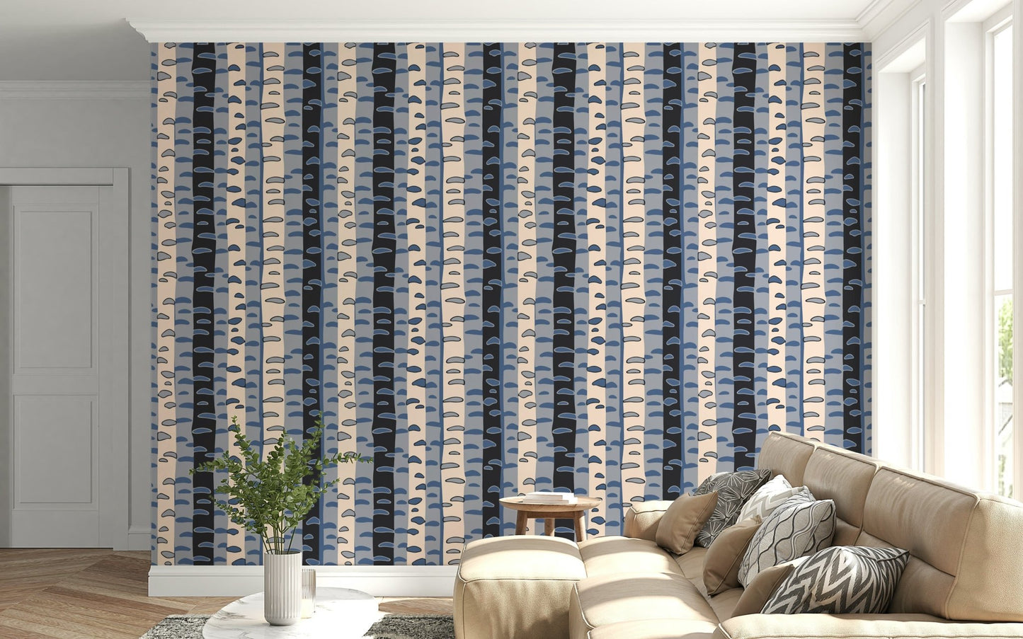 Birch Tree Stripes Retro Abstract Forest in Blue Black Cream Gray Wallpaper feature wall