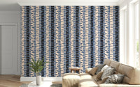 Birch Tree Stripes Retro Abstract Forest in Blue Black Cream Gray Wallpaper feature wall