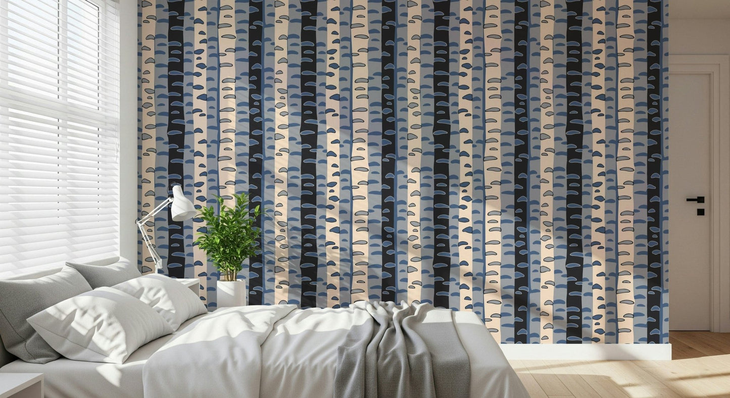 Birch Tree Stripes Retro Abstract Forest in Blue Black Cream Gray Wallpaper in a lounge