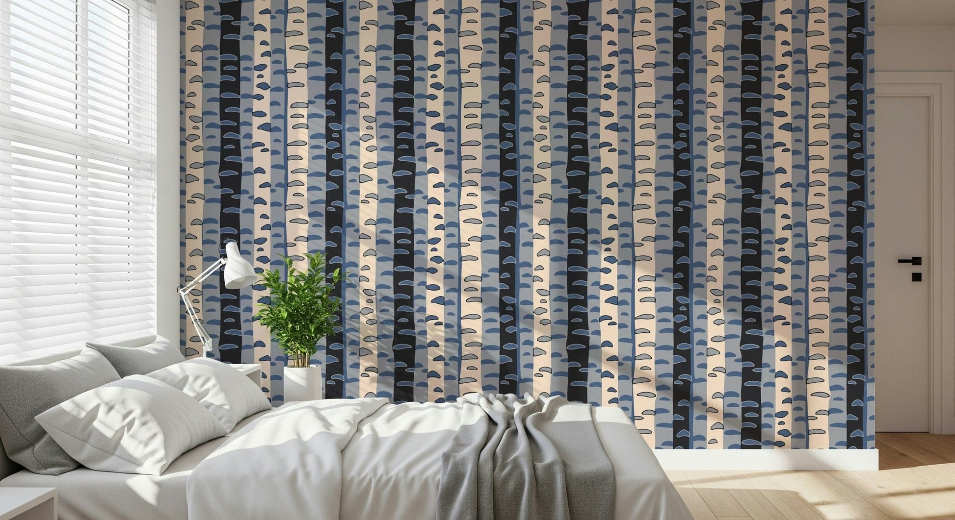 Birch Tree Stripes Retro Abstract Forest in Blue Black Cream Gray Wallpaper in a lounge