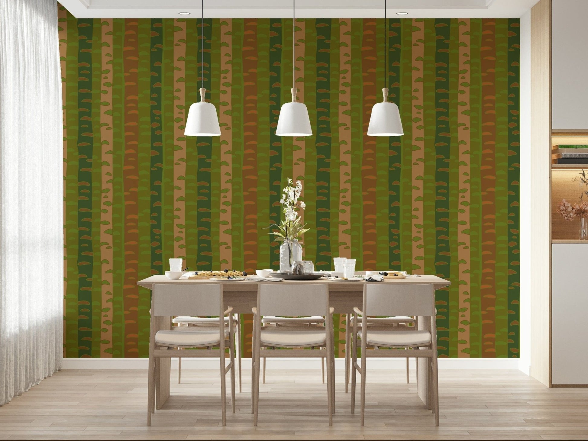 Organic style striped wallpaper mural in moss green and clay brown.