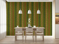 Organic style striped wallpaper mural in moss green and clay brown.
