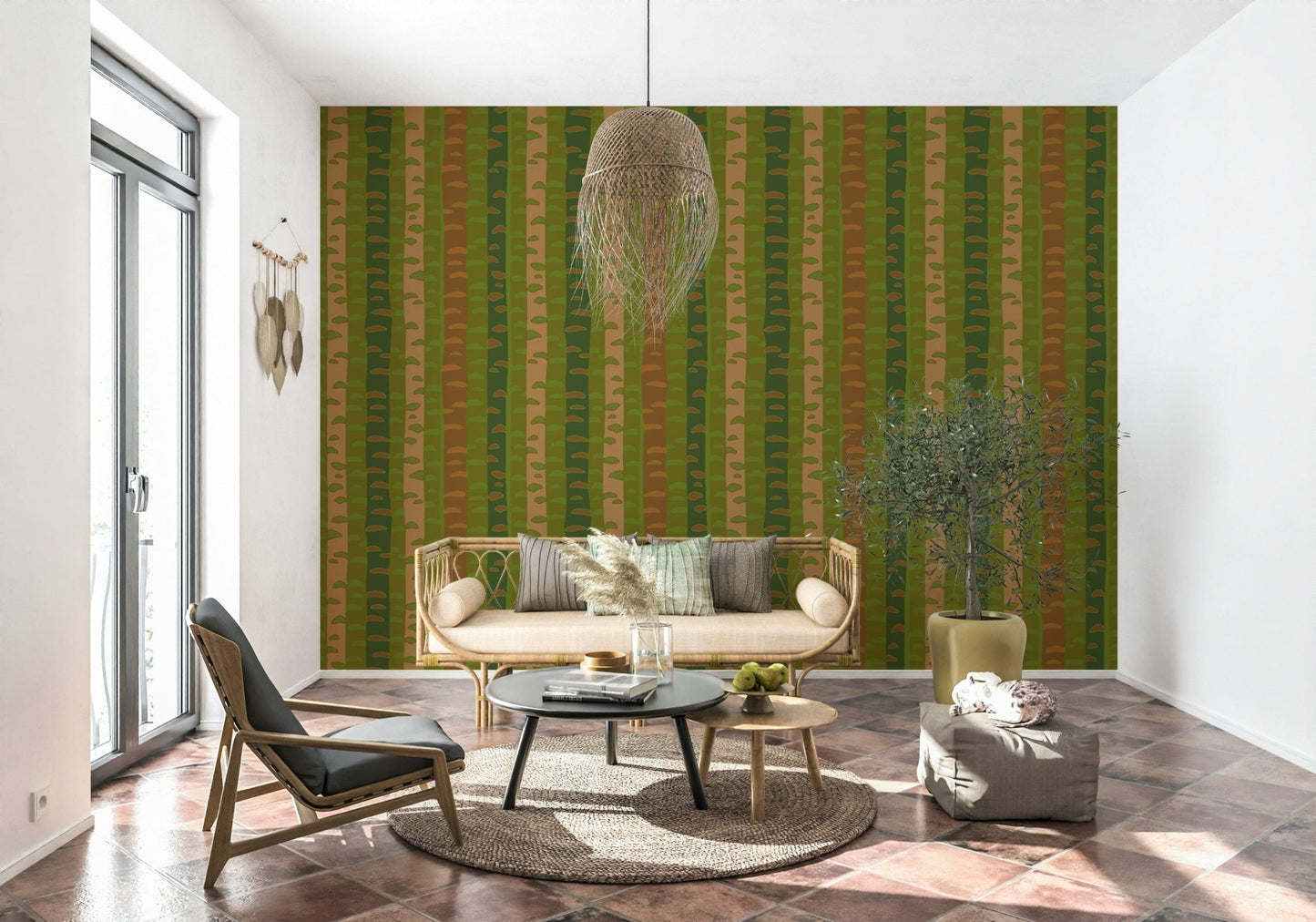 Earthy tone birch stripe wallpaper mural for eco-friendly home design.