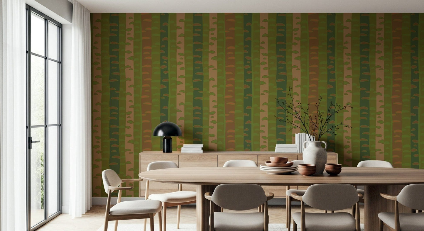 Mid-century modern forest wallpaper mural with abstract tree silhouettes.