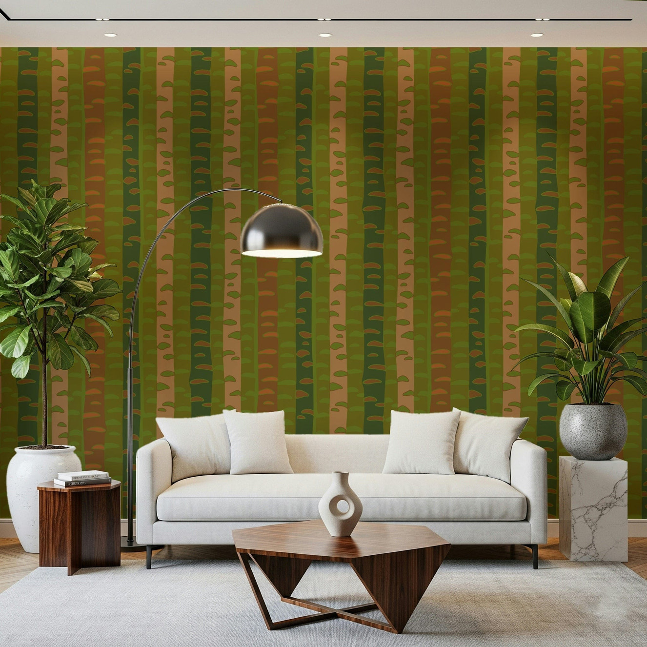 Brown birch tree wallpaper mural with vertical stripe forest pattern.