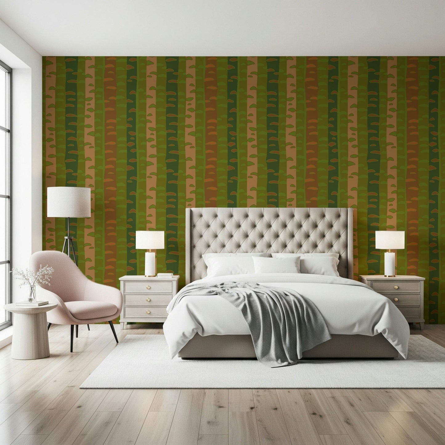 Birch Tree Stripes Retro Abstract Forest in Earthy Green Brown Wallpaper mural for workspace.