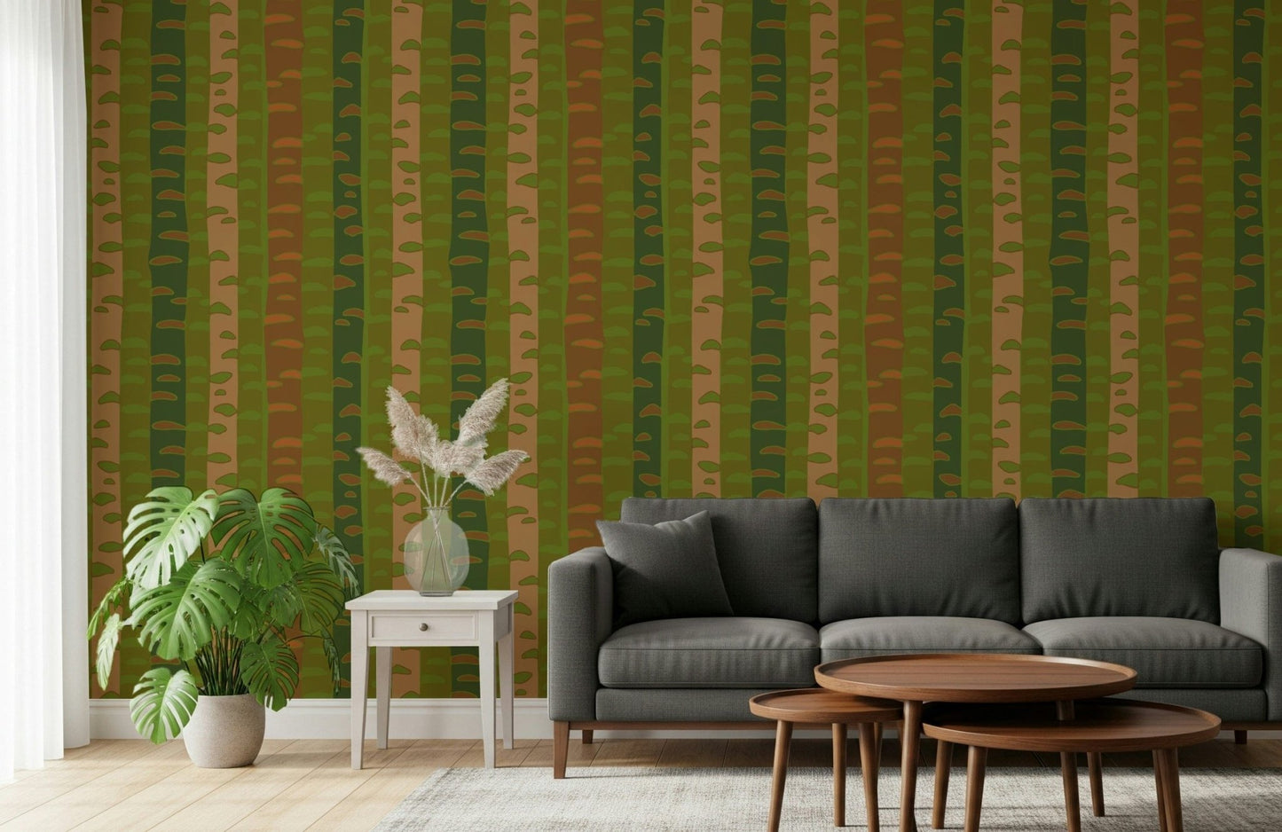 Birch Tree Stripes Retro Abstract Forest in Earthy Green Brown Wallpaper mural for study.