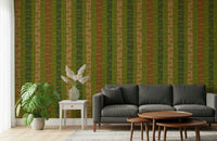 Birch Tree Stripes Retro Abstract Forest in Earthy Green Brown Wallpaper mural for study.