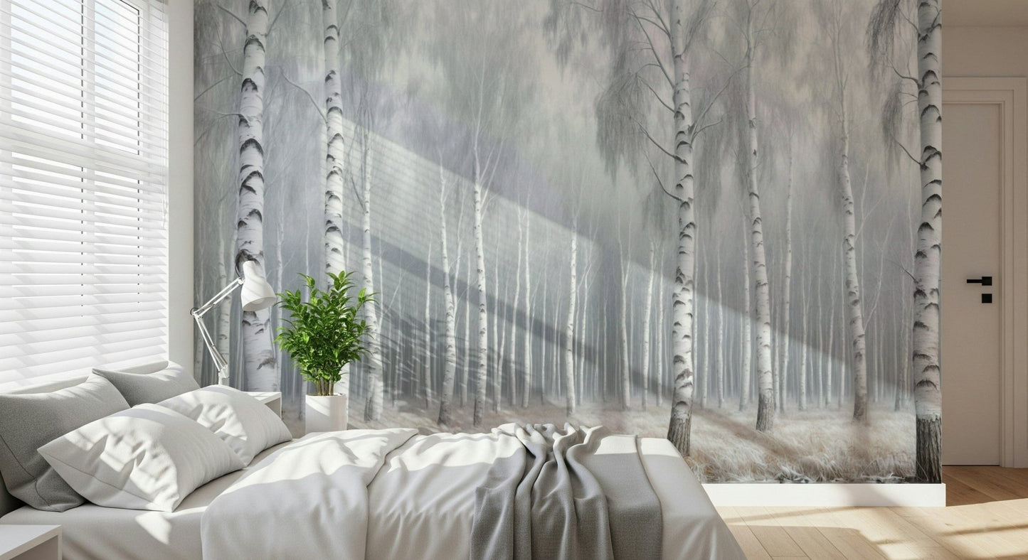 Large scale forest wallpaper mural for a basement gym Birch Whispers Wall Mural