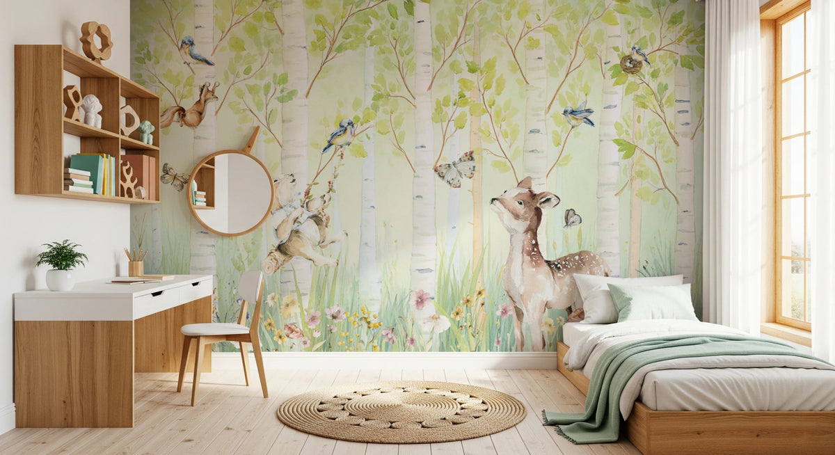 Bedroom styled in Birchwood Forest Friends Tales wall mural with deer and birds, GD8195
