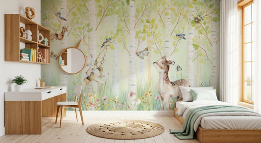 Bedroom styled in Birchwood Forest Friends Tales wall mural with deer and birds