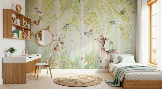 Bedroom styled in Birchwood Forest Friends Tales wall mural with deer and birds, GD8195