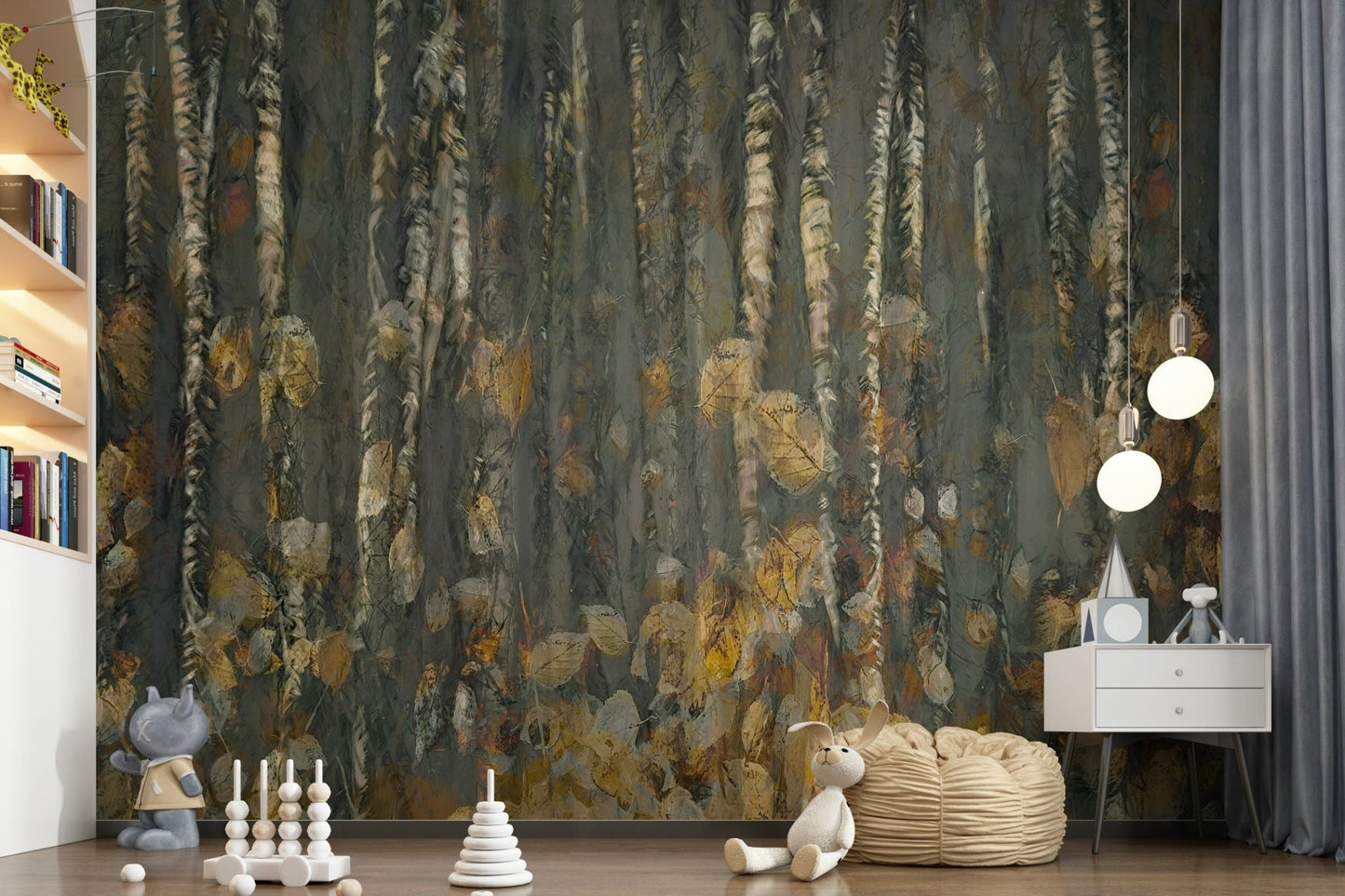 Forest landscape wallpaper featuring tall trees for a serene bedroom theme.