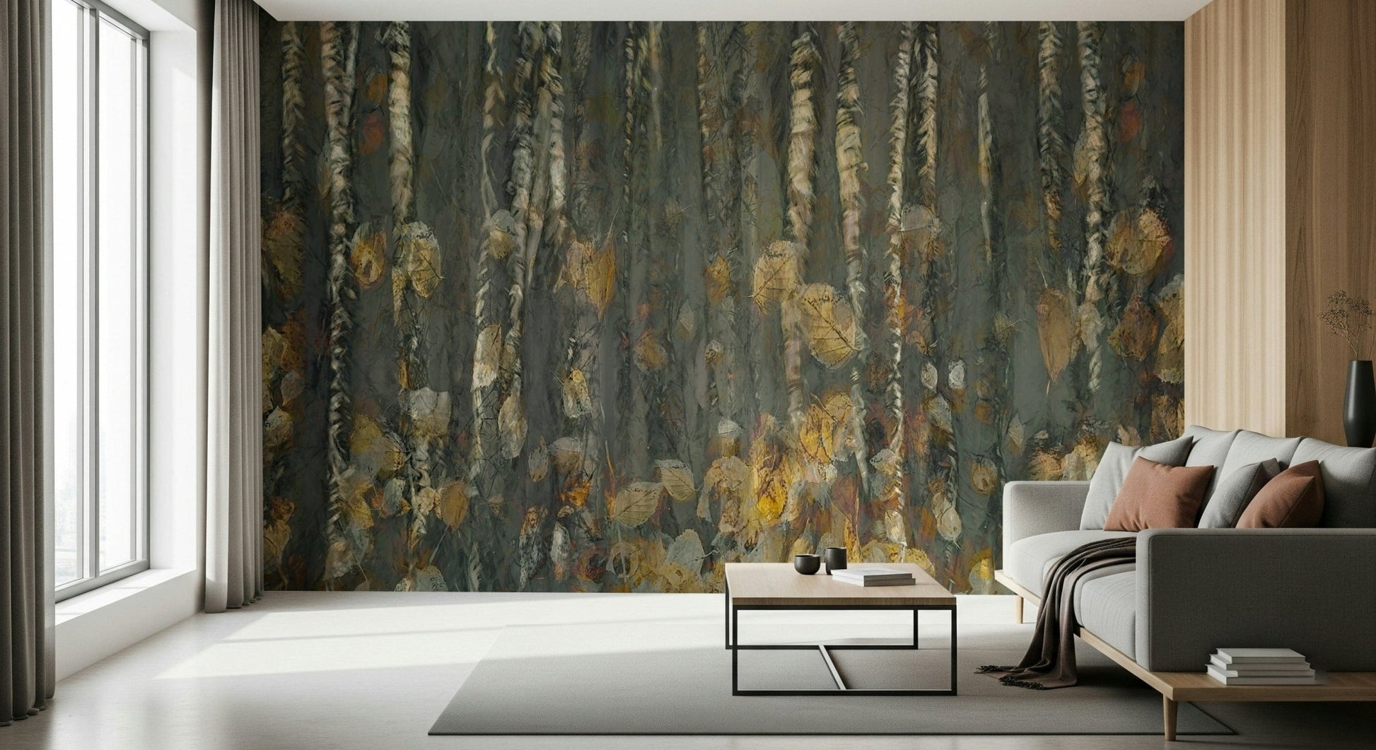 Vertical tree trunk wallpaper mural for a high ceiling entryway.