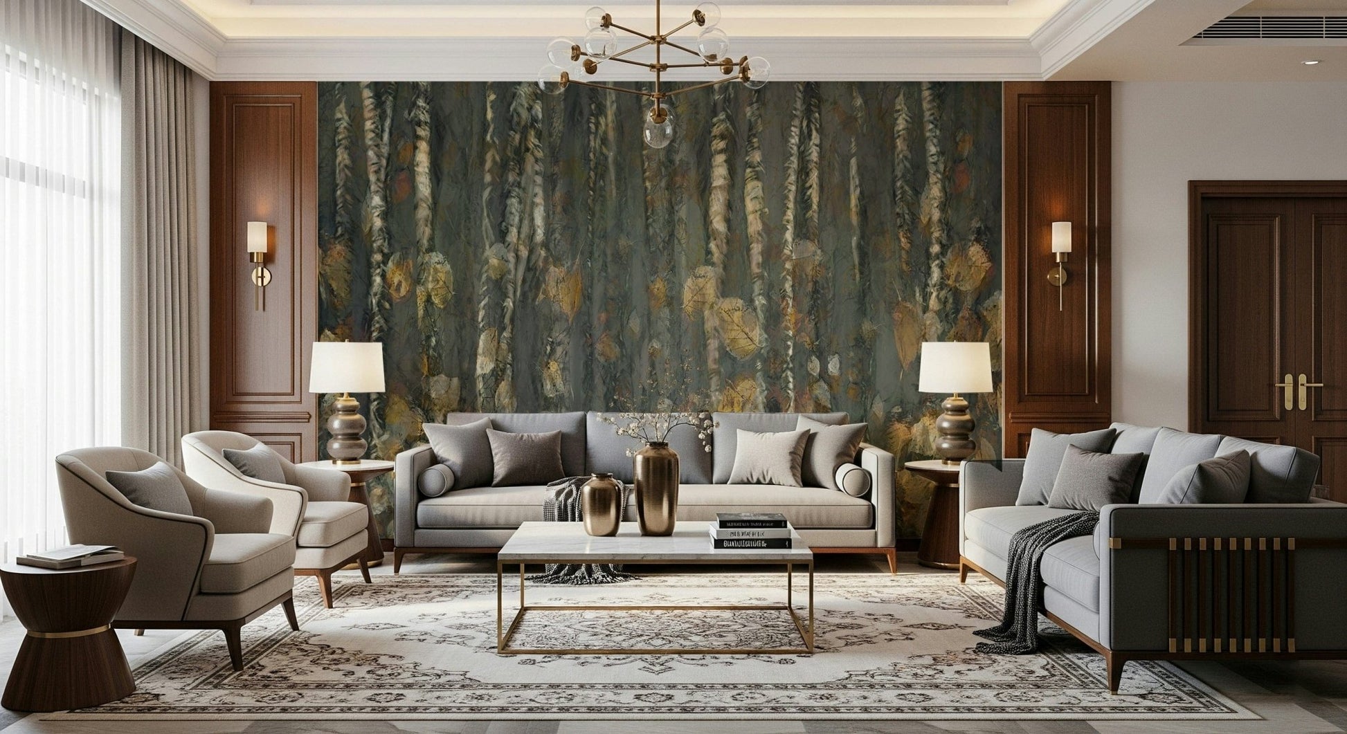 Monochrome birch tree wall mural in a modern home office setting.