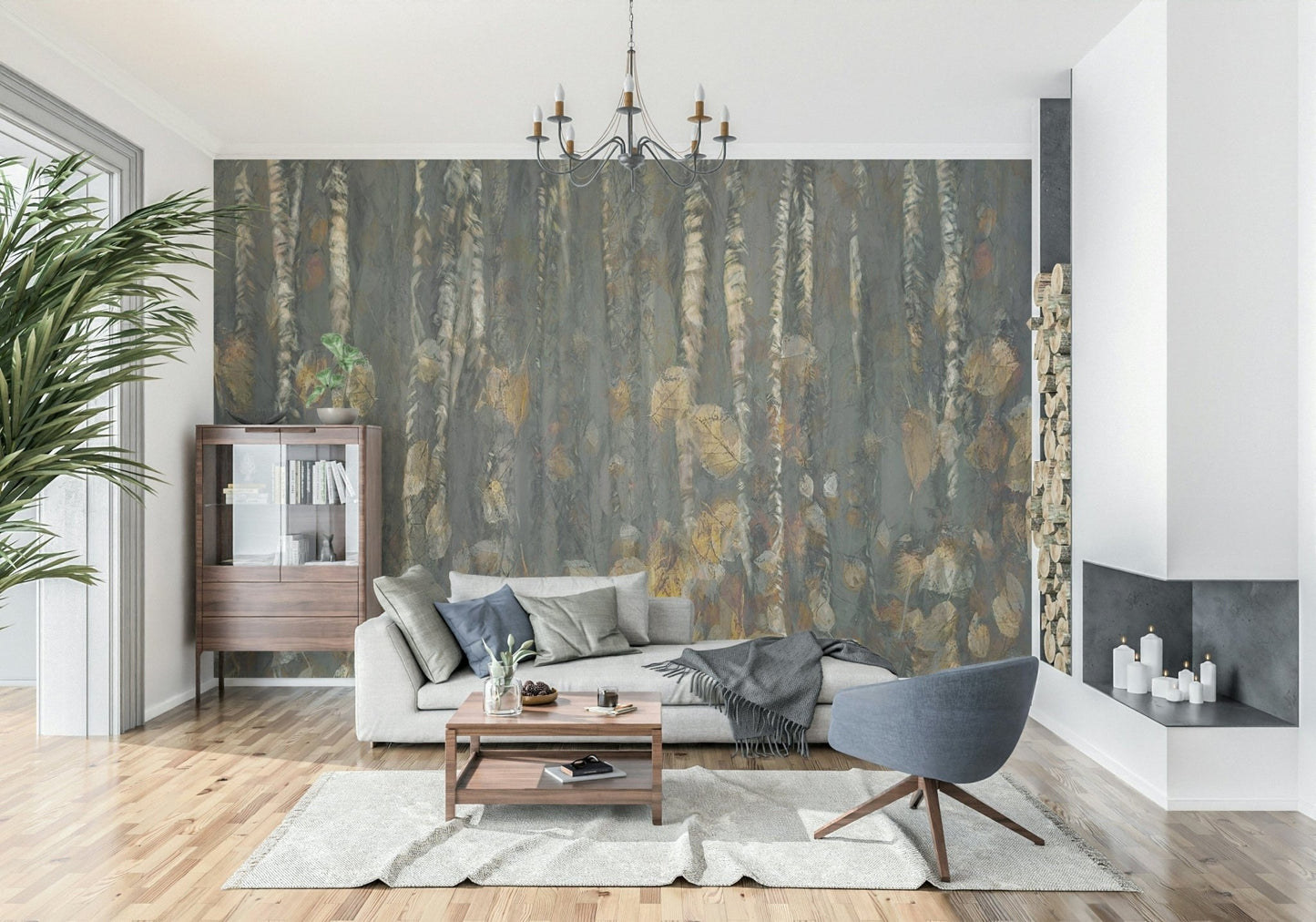 Rustic woodland wallpaper used as a feature wall in a cozy lounge.