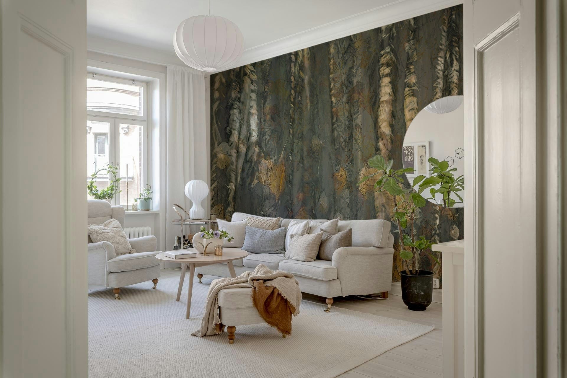 Natural forest pattern wallpaper for a quiet reading nook.