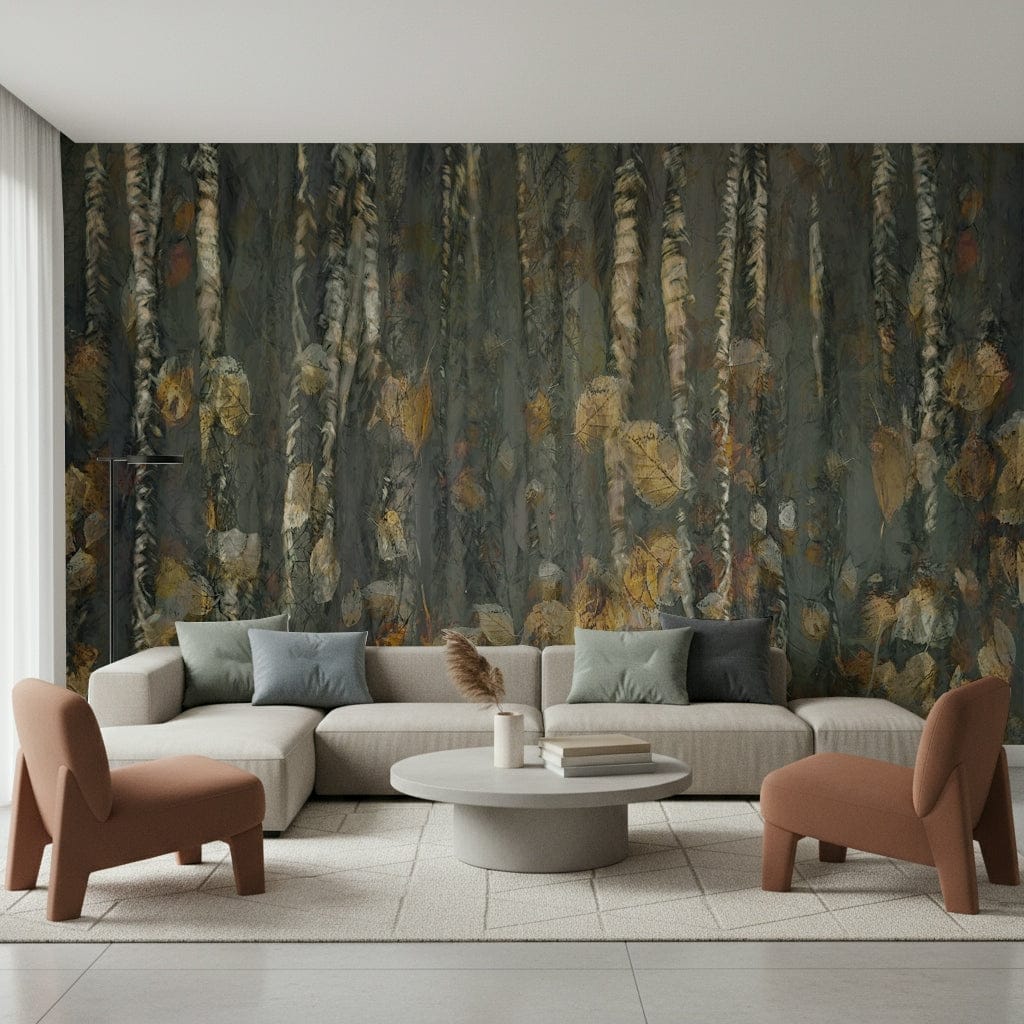 Scandinavian style forest wallpaper in a minimalist apartment.
