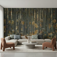 Scandinavian style forest wallpaper in a minimalist apartment.