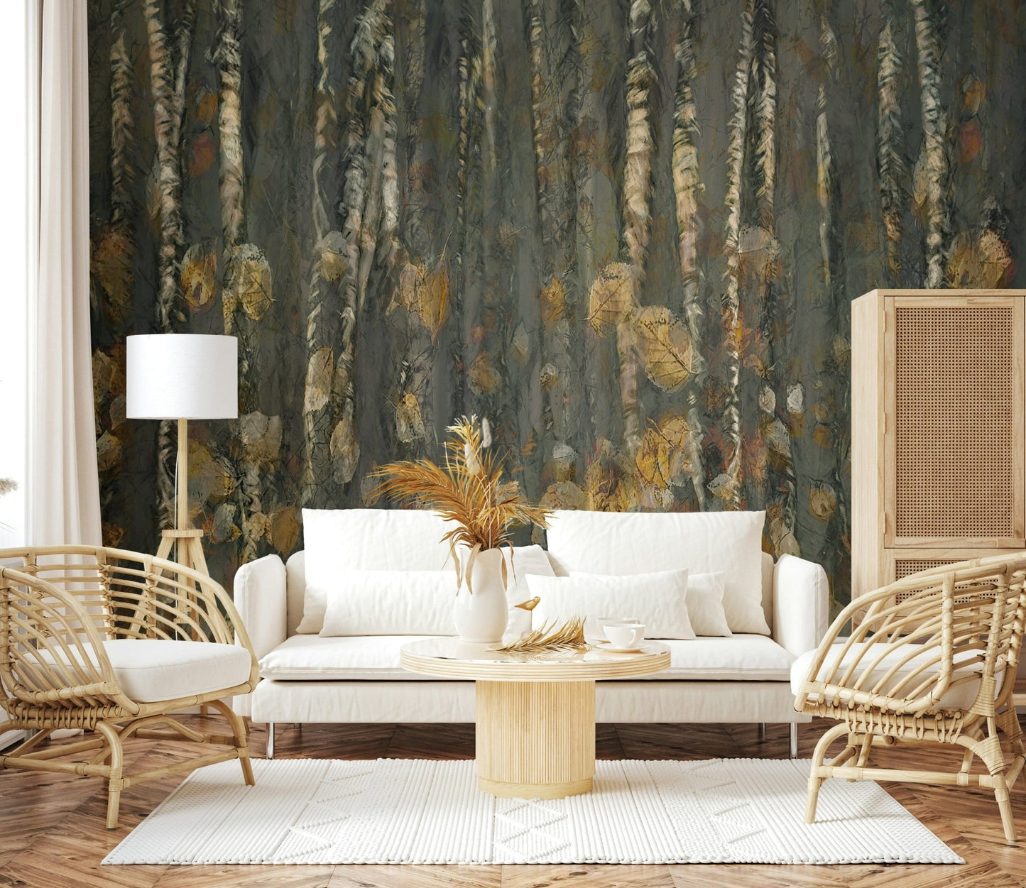 Birchwood's Embrace Wall Mural with white trunks in a minimalist living room.