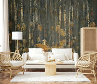 Birchwood's Embrace Wall Mural with white trunks in a minimalist living room.