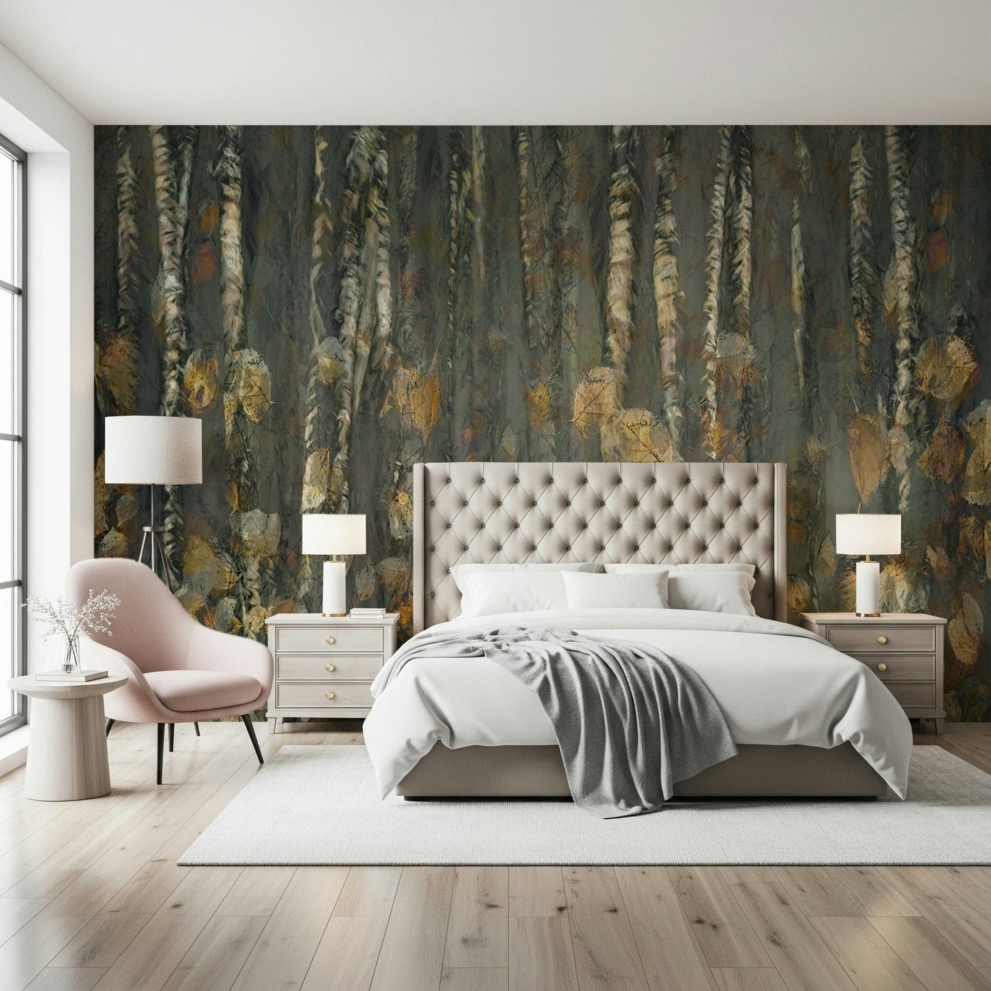 Airy Birchwood's Embrace Wall Mural in a light filled guest suite.