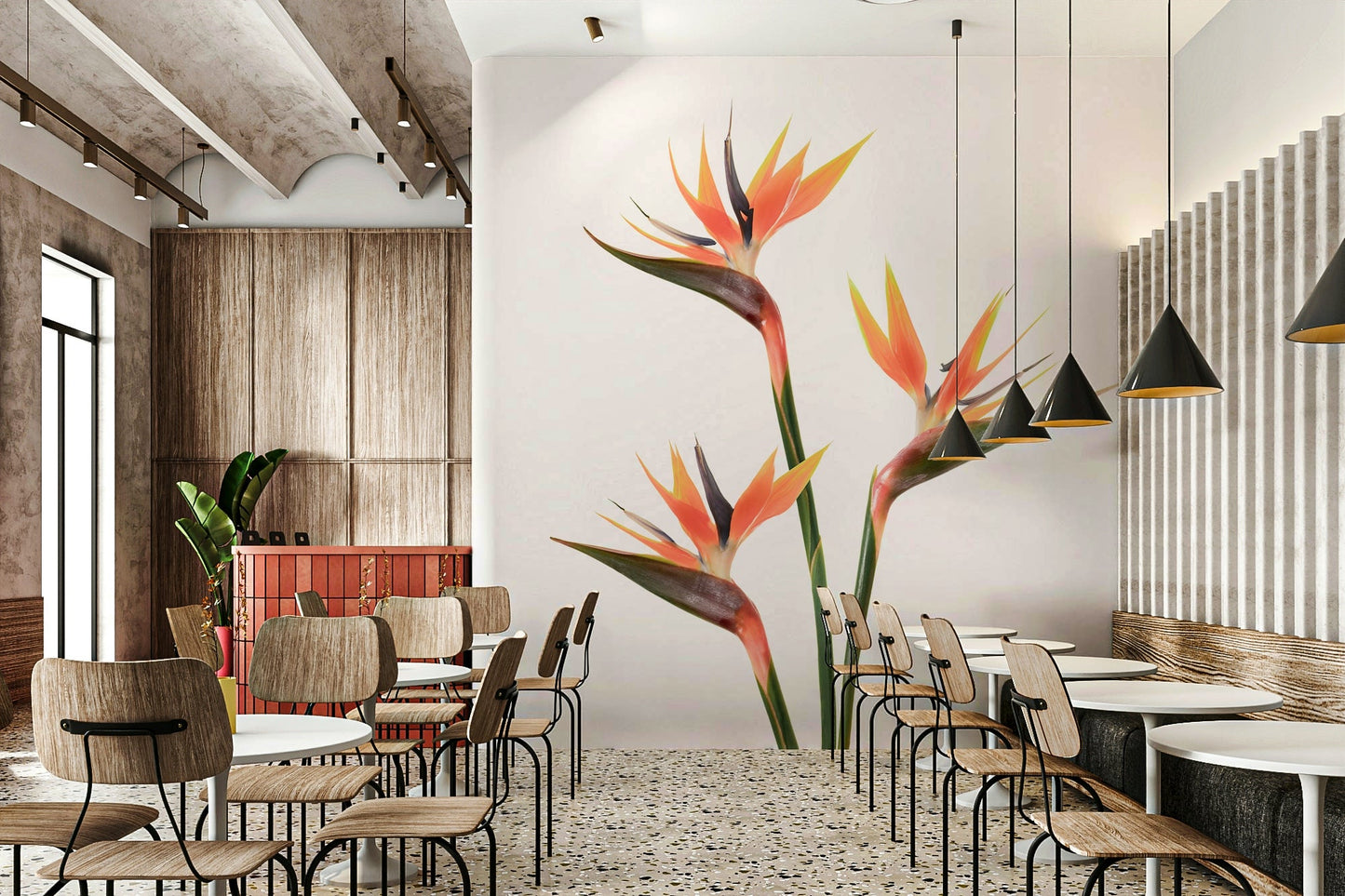 Artistic wall mural with blooming bird of paradise flowers

