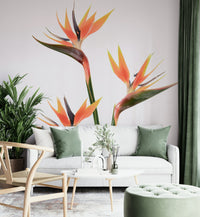 Exotic flower mural with bold orange and green tones

