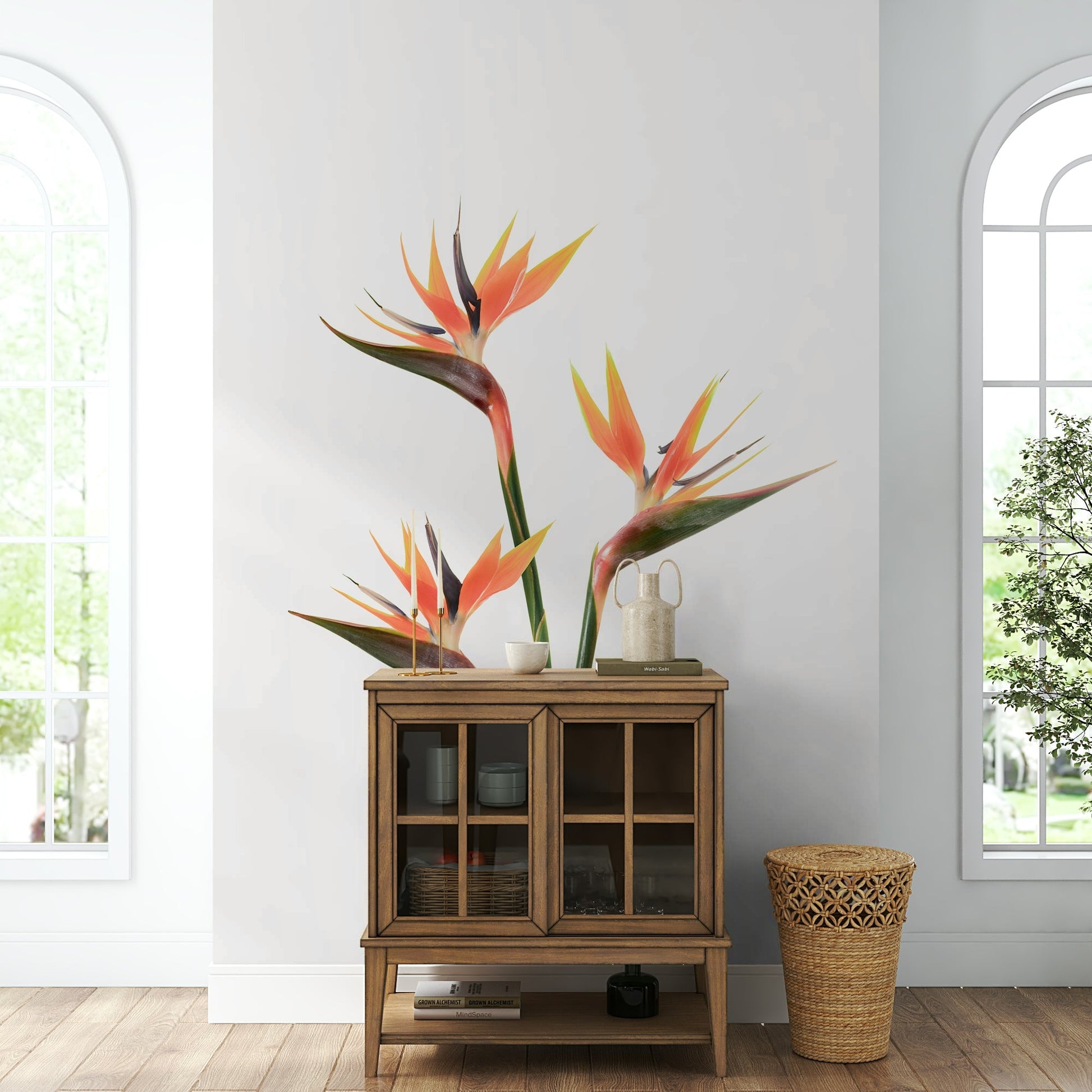 Vibrant mural featuring bird of paradise floral design


