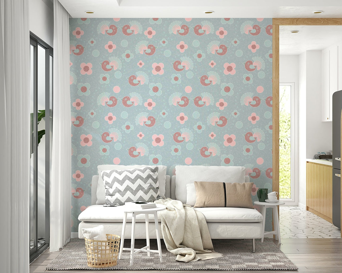 Designer interior decor with the Birdie Blooms: Pastel Pop Wallpaper.