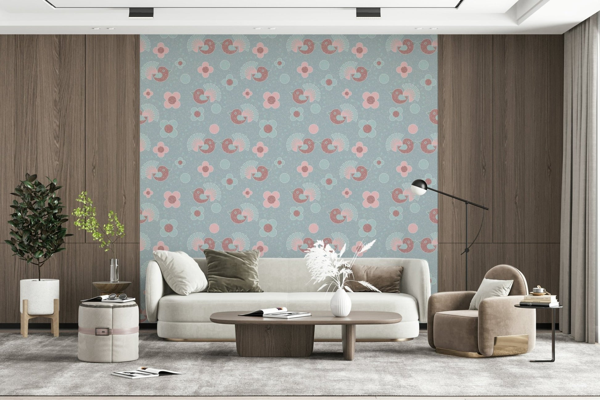 Birdie Blooms: Pastel Pop Wallpaper creating a joyous feature wall.