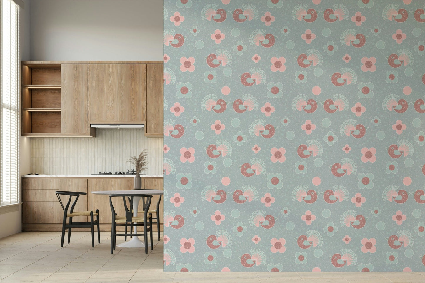Cheerful bird and flower pattern of the Birdie Blooms: Pastel Pop Wallpaper.