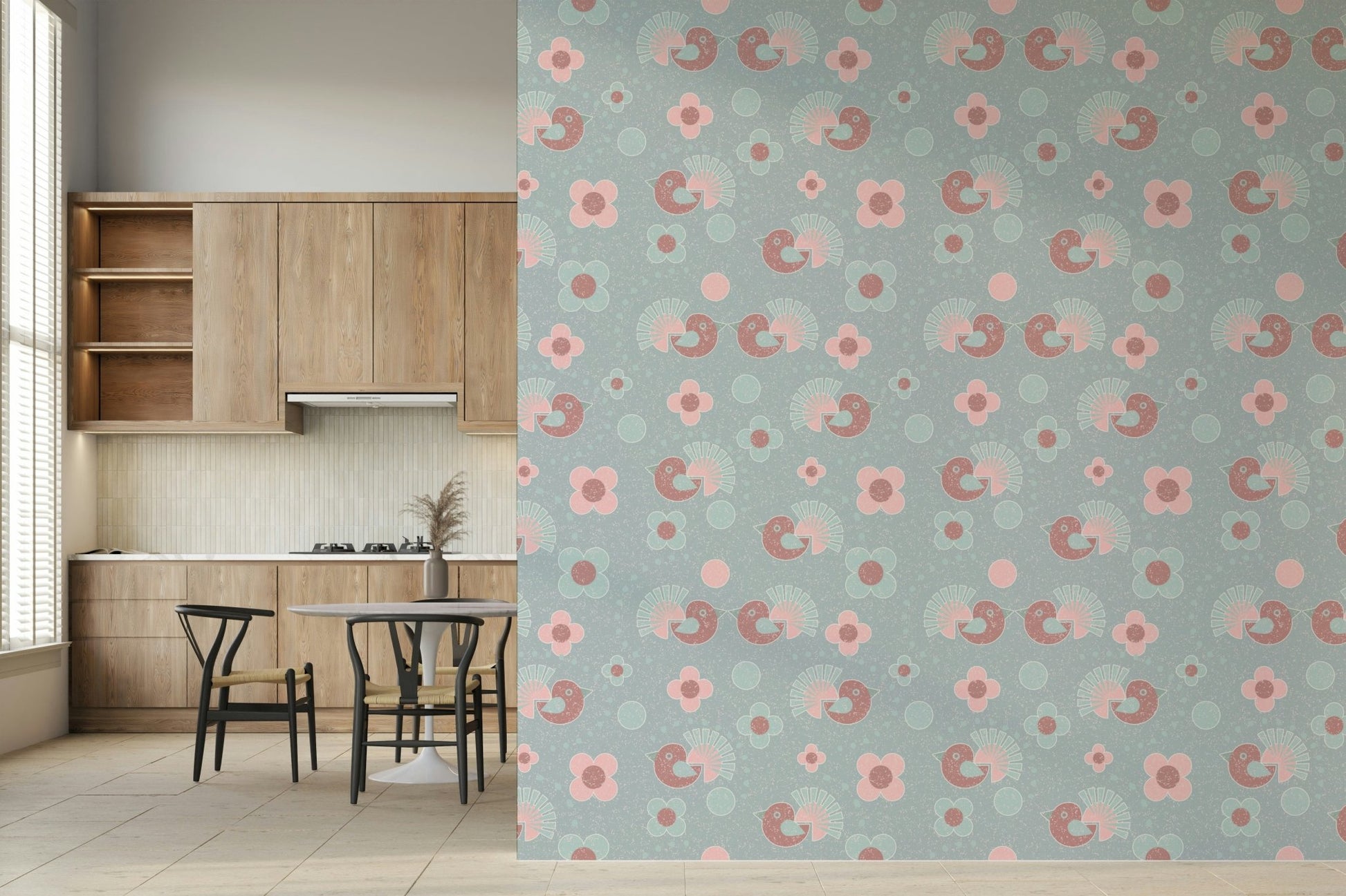 Cheerful bird and flower pattern of the Birdie Blooms: Pastel Pop Wallpaper.