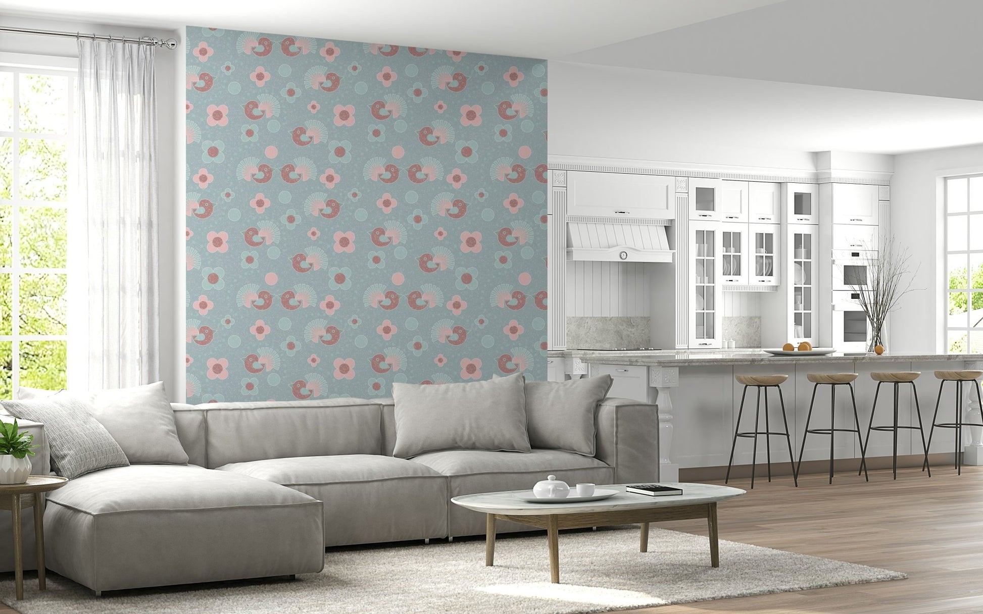 Light and colorful wallpaper for walls using the Birdie Blooms: Pastel Pop Wallpaper.