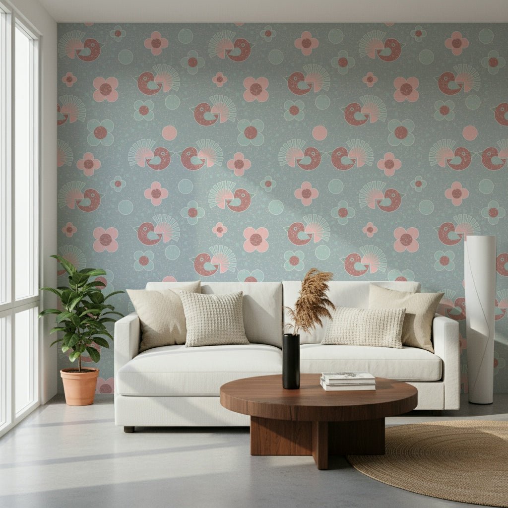 Birdie Blooms: Pastel Pop Wallpaper in a vibrant child's playroom., GD6224