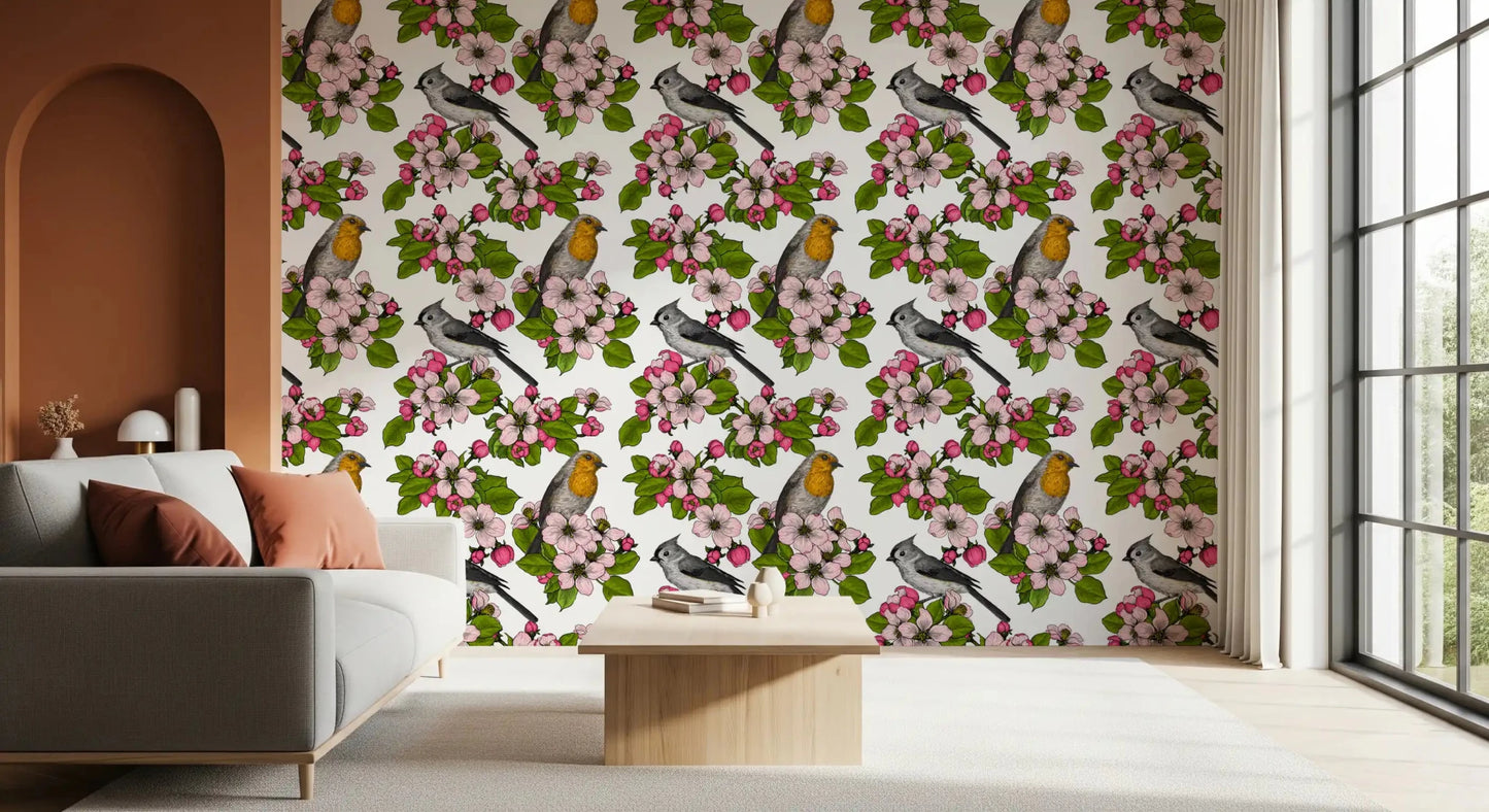 Botanical white wallpaper showing Birds and Blossoms in gentle colors