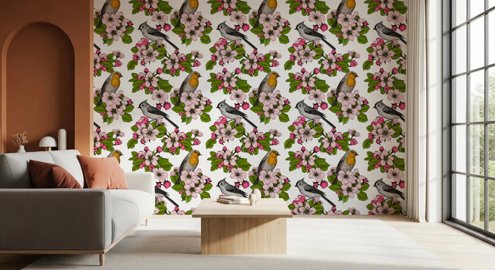Botanical white wallpaper showing Birds and Blossoms in gentle colors