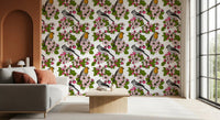 Botanical white wallpaper showing Birds and Blossoms in gentle colors